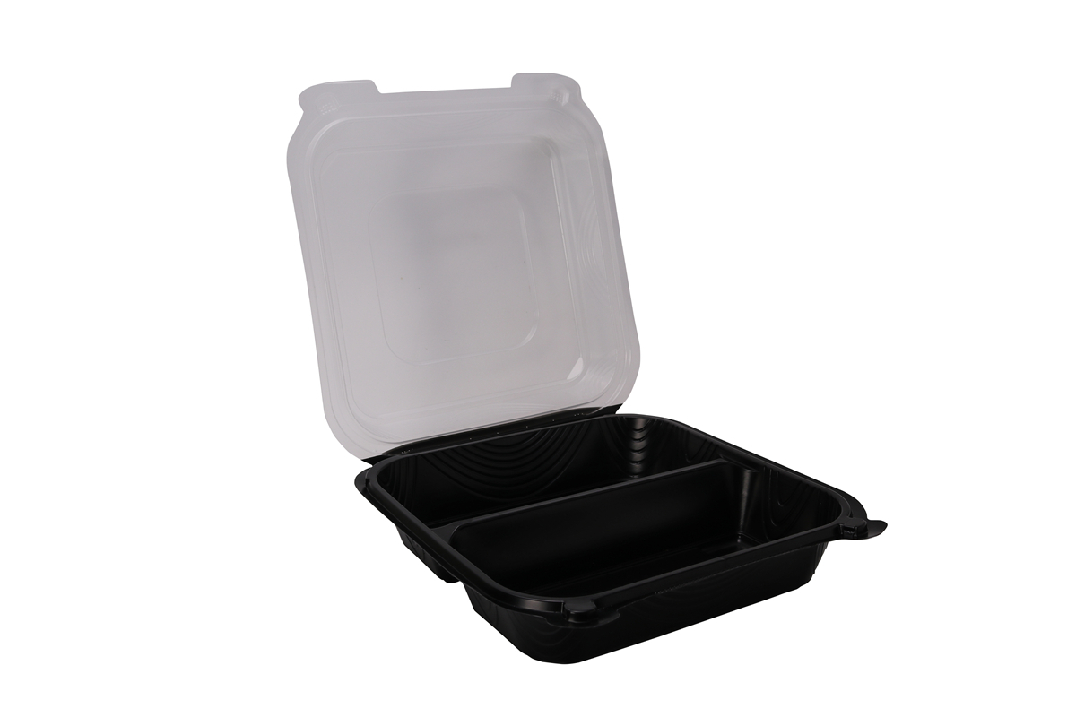 Disposable PP Lunch box with lid sealing black square two grid fast food box